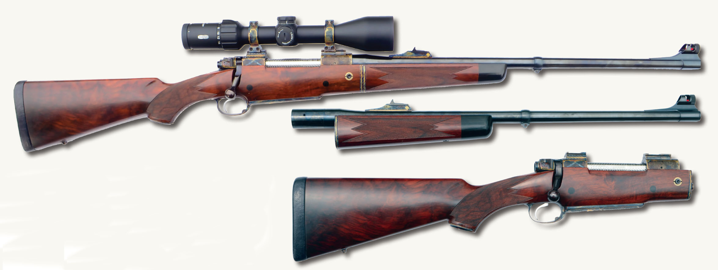 The Dakota Traveler takedown rifle employs a “sleeve within a sleeve” to attach the barrel. With the bolt closed, the  locking lugs hold the rifle together; with the bolt open, the sleeve grips the barrel as long as the right Allen screw has been tightened (visible in the stock below the action ring.
